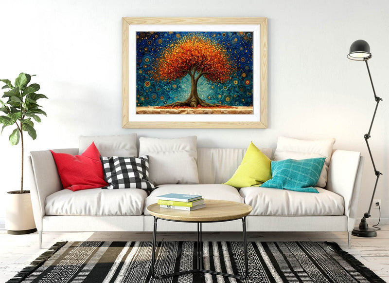 Framed Wall Art - Orange Tree Of Life Print With Wood Grain Frame | Handmade Home Decor