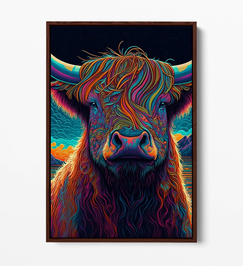 Highland Cow Canvas - Vibrant Colorful Cow Portrait | Float Effect Wall Art
