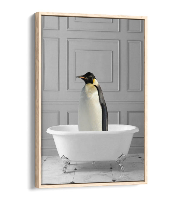 PENGUIN IN BATHTUB -QUIRKY BATHROOM FLOAT EFFECT CANVAS WALL ART PRINT