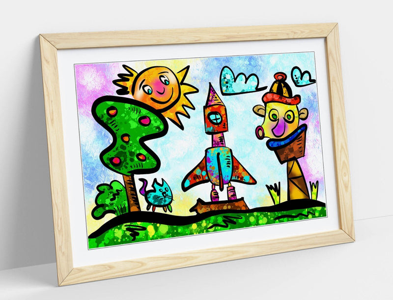 Kids Bedroom Art - Colorful Framed Poster Print With Wood Grain Frame