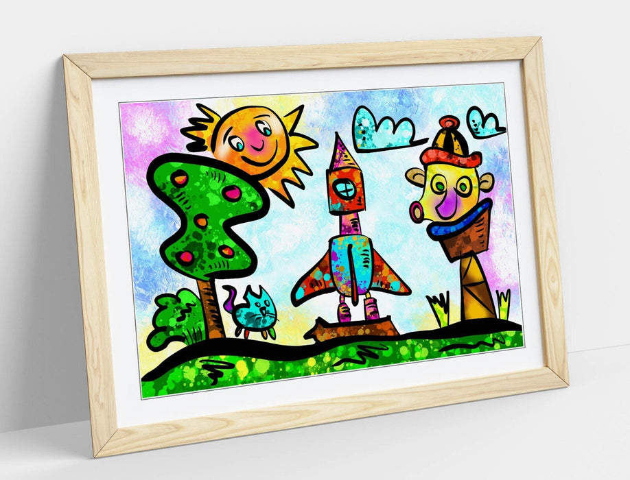 Kids Bedroom Art - Colorful Framed Poster Print With Wood Grain Frame