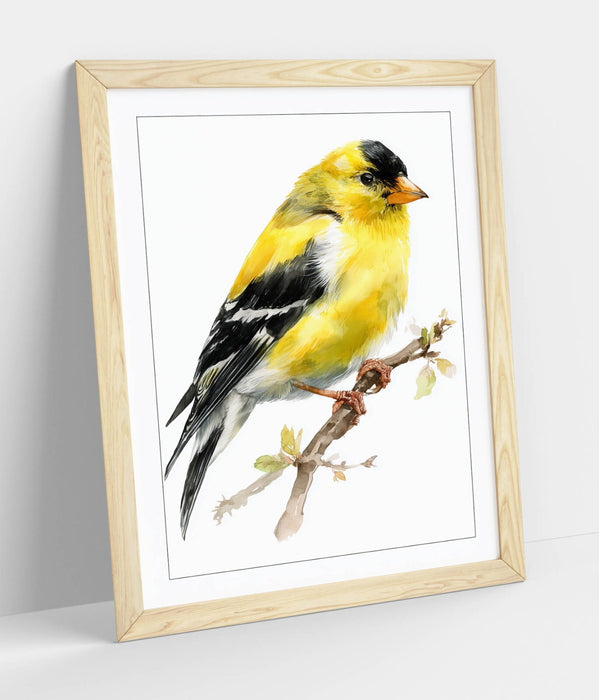 Goldfinch Wall Art - Framed Watercolor Bird Print on Matte Paper with Faux Wood Frame