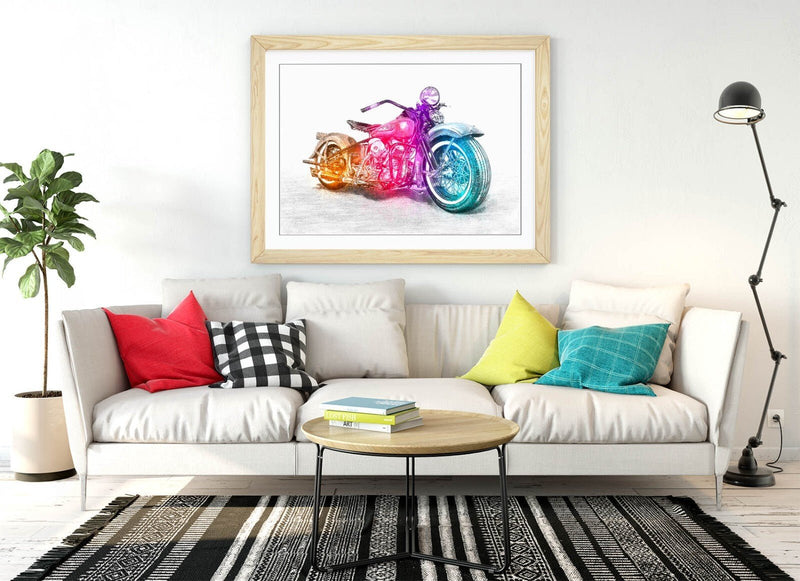 Motorcycle Art Poster – Framed Wall Art With Woodgrain Frame Finish | Handmade Print