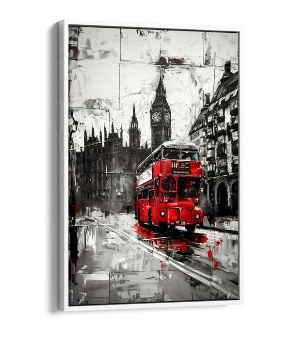 Canvas Wall Art - Black White Cityscape With Red Bus | Float Effect, Handmade UK