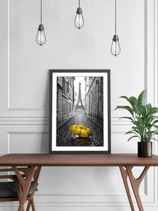 Paris Umbrella Art – Framed Wall Art Black and White Poster with Yellow Umbrella Print