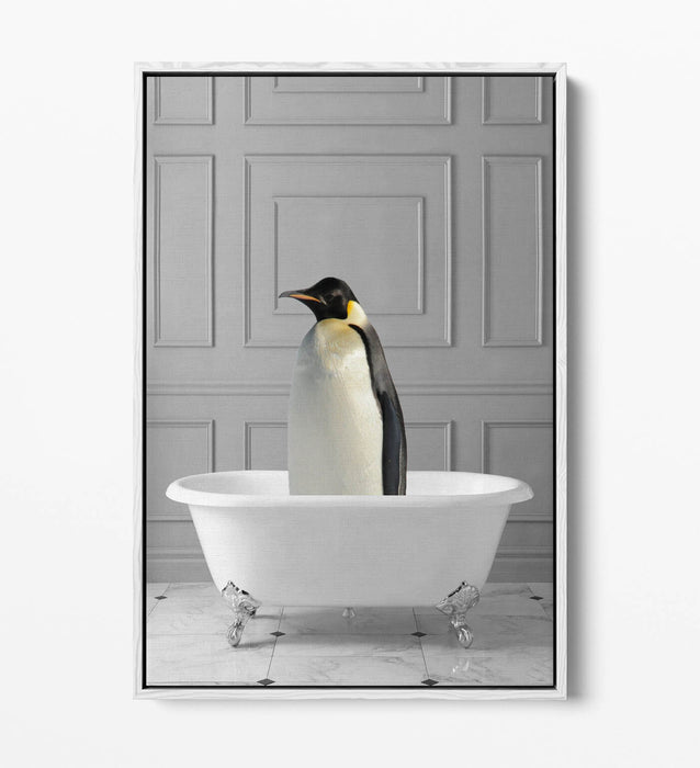 PENGUIN IN BATHTUB -QUIRKY BATHROOM FLOAT EFFECT CANVAS WALL ART PRINT