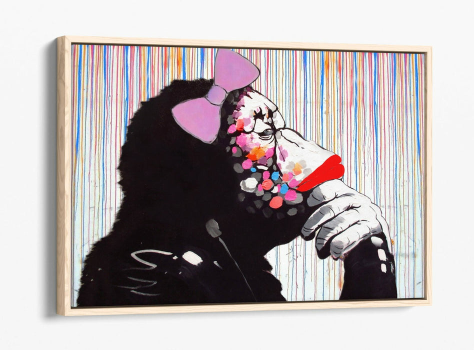 BANKSY DJ MONKEY RAIN FEMALE -FLOAT EFFECT CANVAS WALL ART PIC PRINT- WHITE