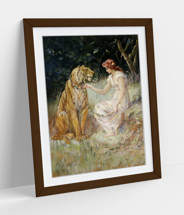 Framed Art Poster - Frederick Stuart Church Lady And Tiger Print With Woodgrain Frame