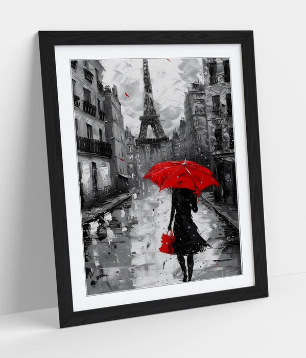 Red Umbrella Wall Art – Paris City Poster | Framed Black & White Decor Print