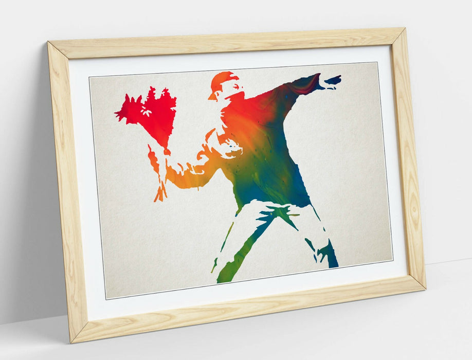 BANKSY, FLOWER THROWER RAINBOW -FRAMED WALL ART PICTURE PRINT