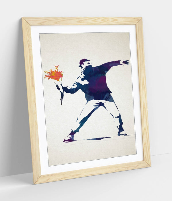 BANKSY, FLOWER BOMBER BLUE WATERCOLOUR STYLE ART -FRAMED WALL ART PICTURE PRINT