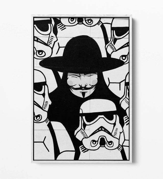 GUY FAWKES STORMTROOPERS GRAFFITI -FLOAT EFFECT CANVAS WALL ART PIC PRINT- BLACK