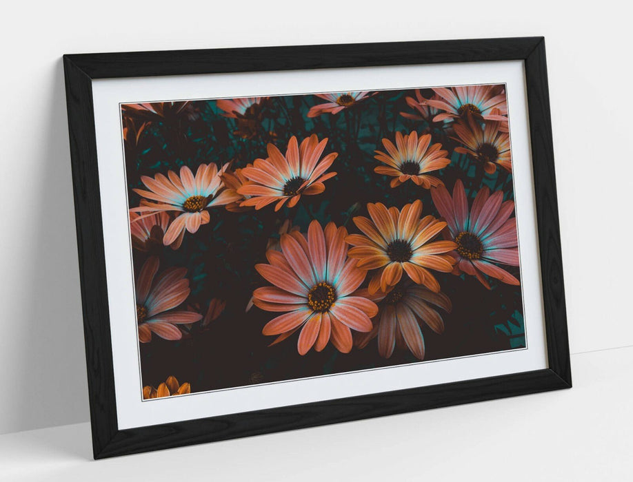 Framed Poster Art - Vintage Wall Art With Teal Peach Flowers & Woodgrain Frame