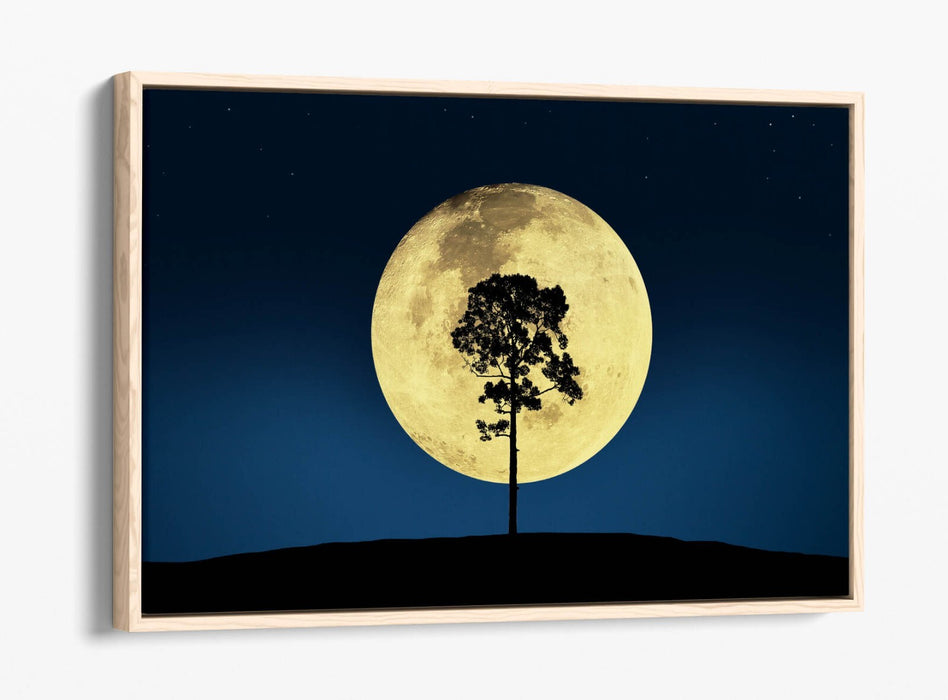 Canvas Wall Art - Tree Silhouette Print With Big Moon | Blue Night Sky Decor