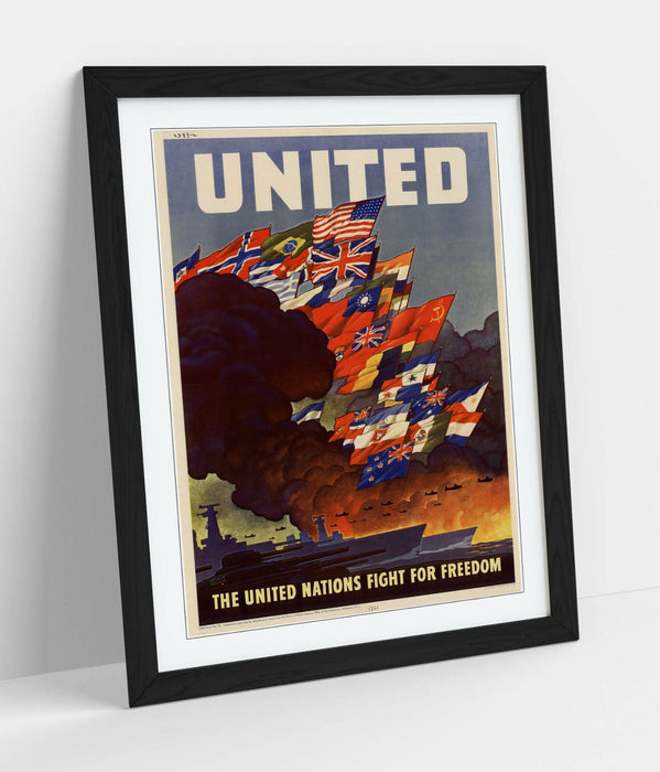 VINTAGE UNITED NATIONS FIGHT FOR FREEDOM POSTER -FRAMED WALL ART PICTURE PRINT