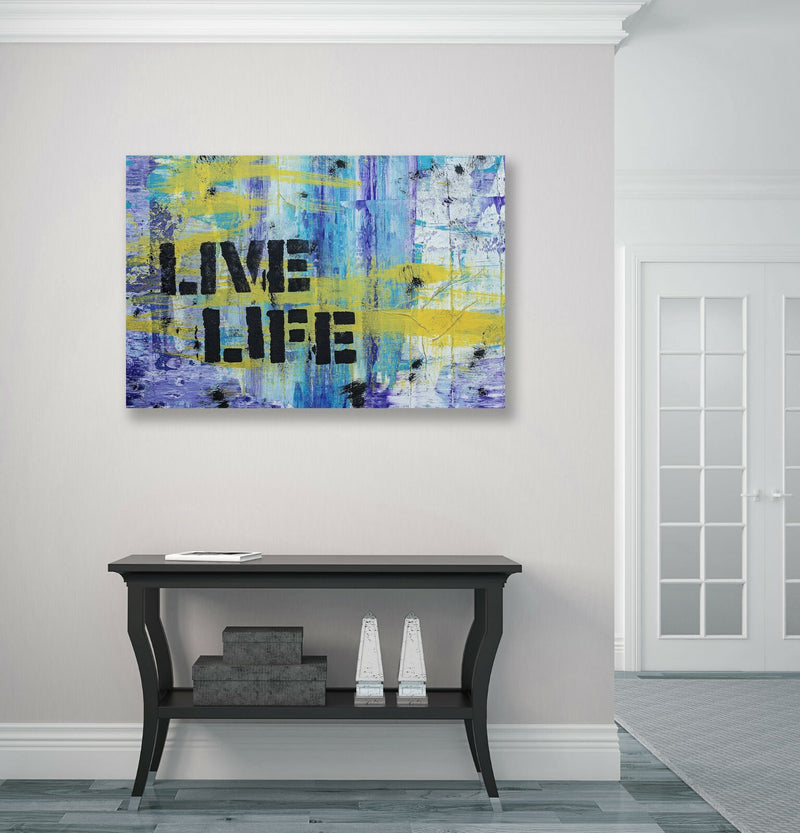 Graffiti Canvas Wall Art – Live Life Quote Blue Yellow Urban Decor Print