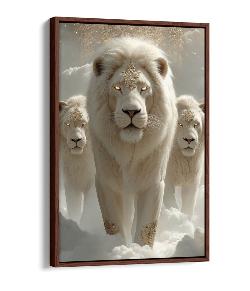 White Lions Canvas Art - Mystical Fantasy Wall Art With Float Effect Frame