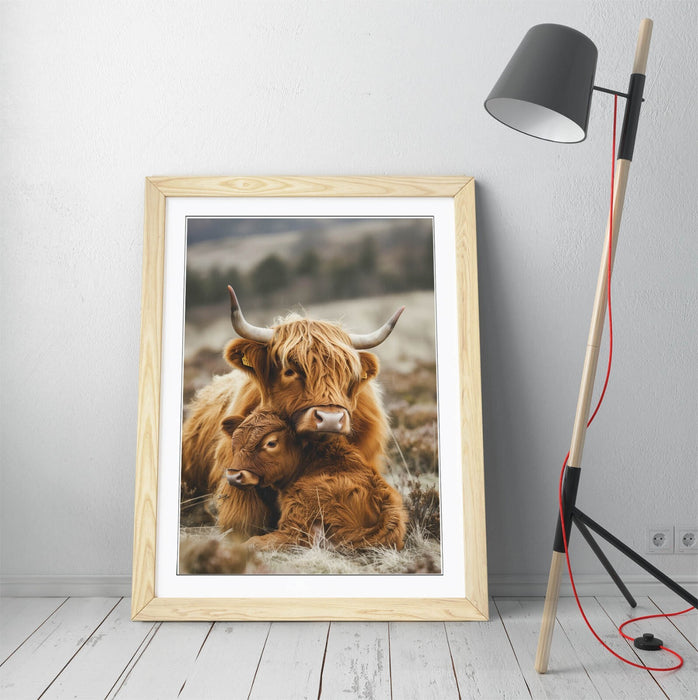 Highland Cow Wall Art – Framed Mother And Calf Animal Poster Print 4 Sizes