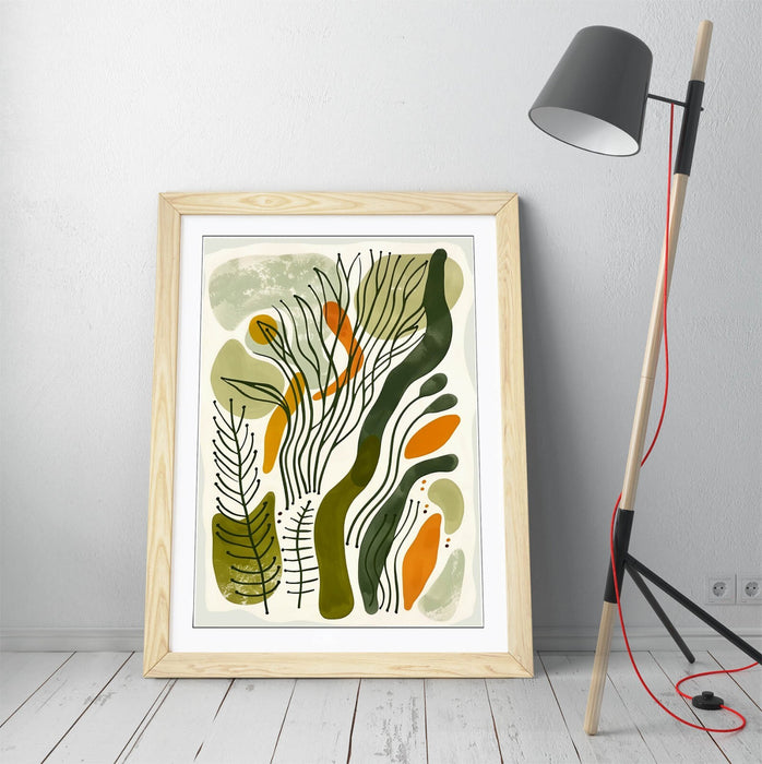 Boho Framed Wall Art – Minimalist Plant Leaf Poster with Natural Wood Frame