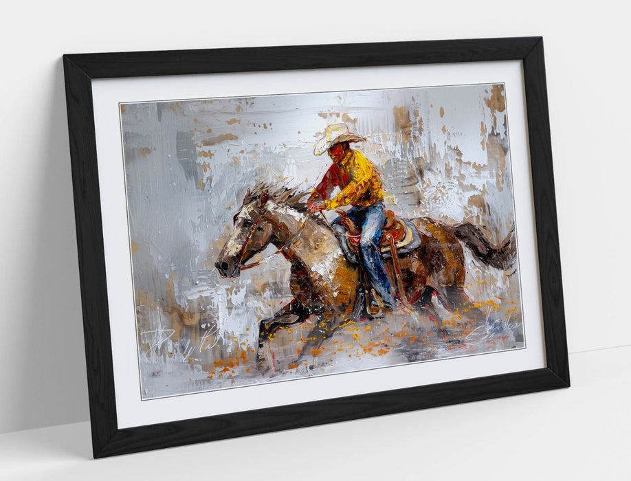 Cowboy Riding Horse Art – Framed Wall Art With Woodgrain Frame & Matte Finish Poster