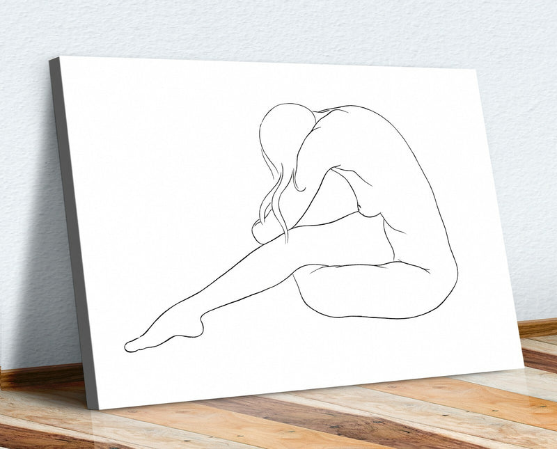 Canvas Wall Art - Black and White Nude Woman Line Drawing Artwork on Premium Canvas