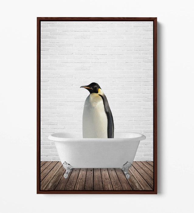 PENGUIN IN BATHTUB -QUIRKY BATHROOM FLOAT EFFECT CANVAS WALL ART PRINT
