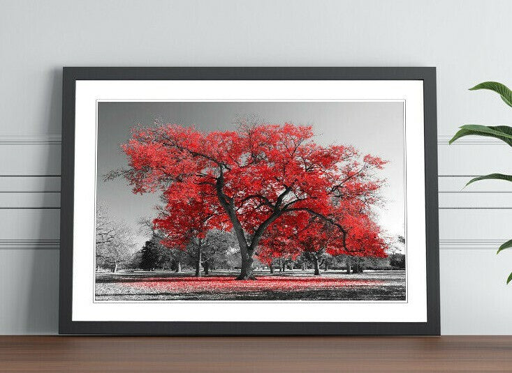 Framed Wall Art - Large Tree Red Leaves Poster With Natural Wood Frame