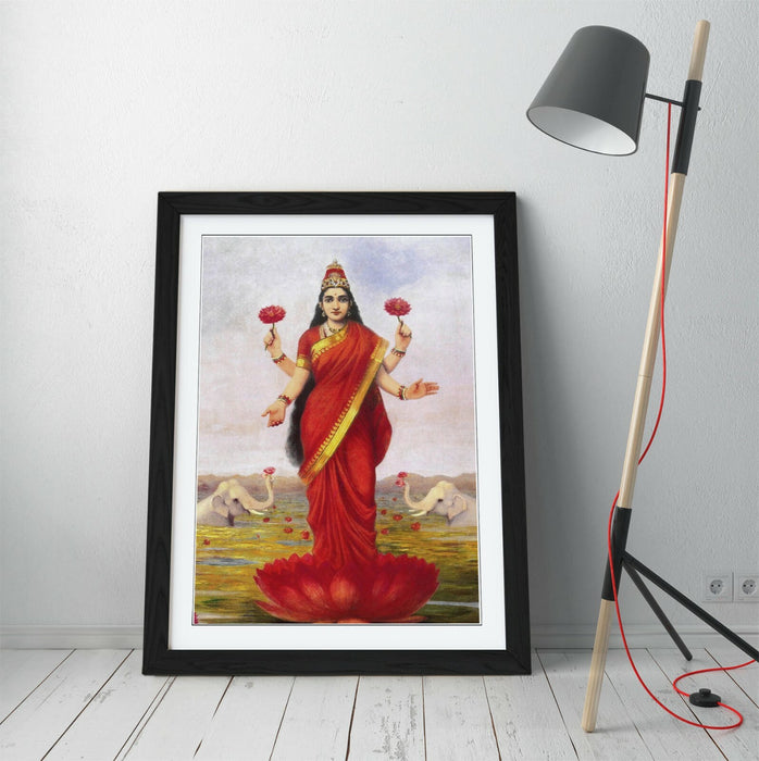 Framed Wall Art - Raja Ravi Varma Print Featuring Goddess Lakshmi, Ready To Hang