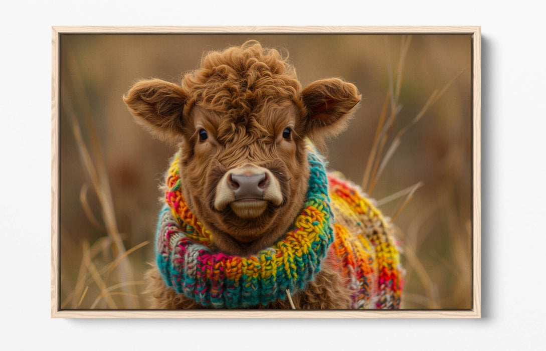 CUTE HIGHLAND COW WEARING RAINBOW JUMPER FLOAT EFFECT CANVAS ART PRINT