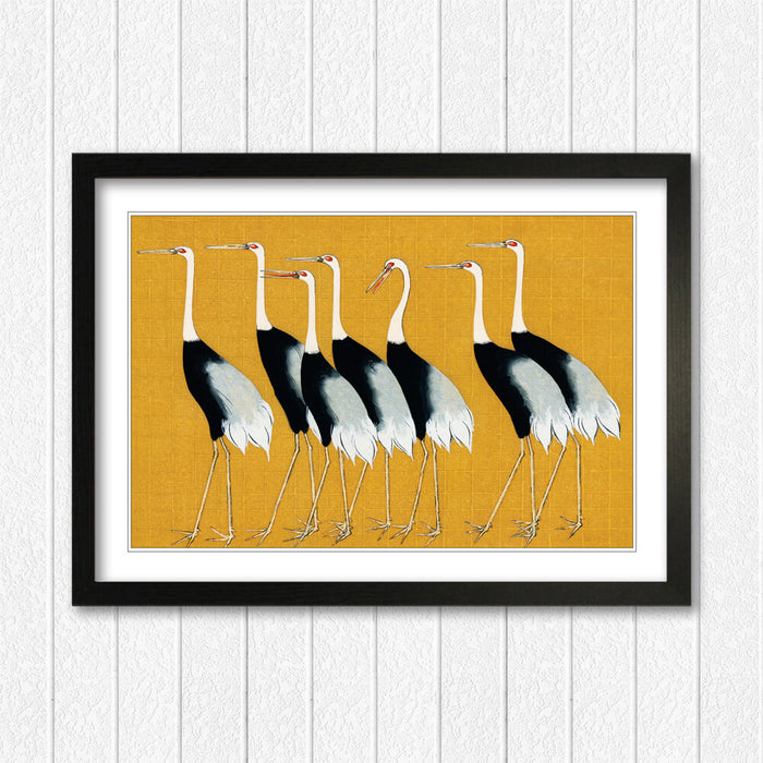 Framed Wall Art - Japanese Art Print With Mustard Crane Poster | Quality Wood Frame
