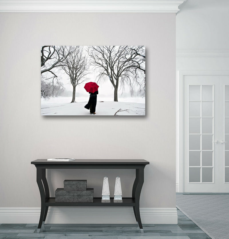 Red Umbrella Canvas Art – Handmade Snow Artwork Canvas | Framed Wall Print