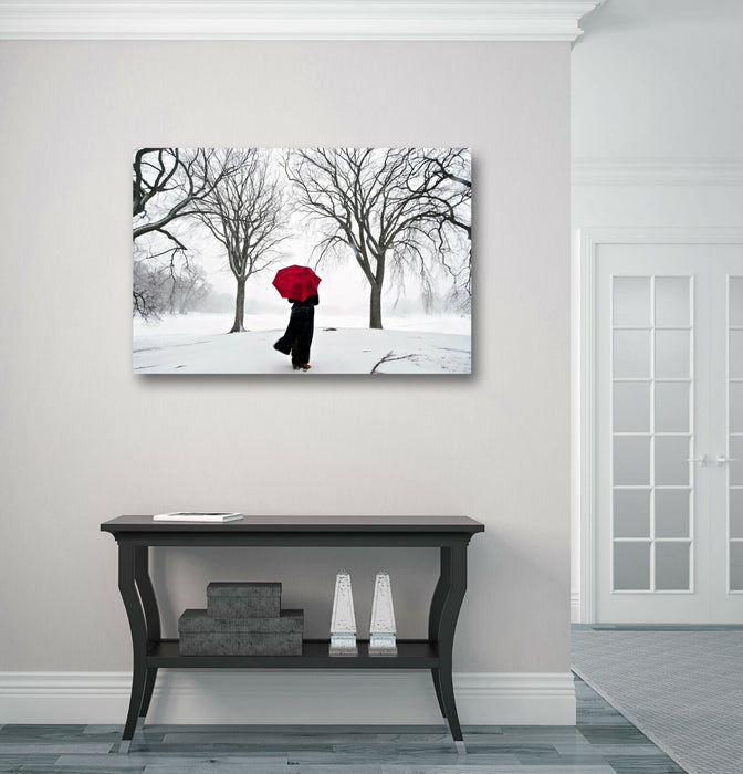 Red Umbrella Canvas Art – Handmade Snow Artwork Canvas | Framed Wall Print