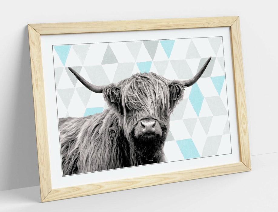HIGHLAND COW TURQUOISE GEOMETRIC LIGHT -ART FRAMED POSTER PICTURE PRINT ARTWORK-