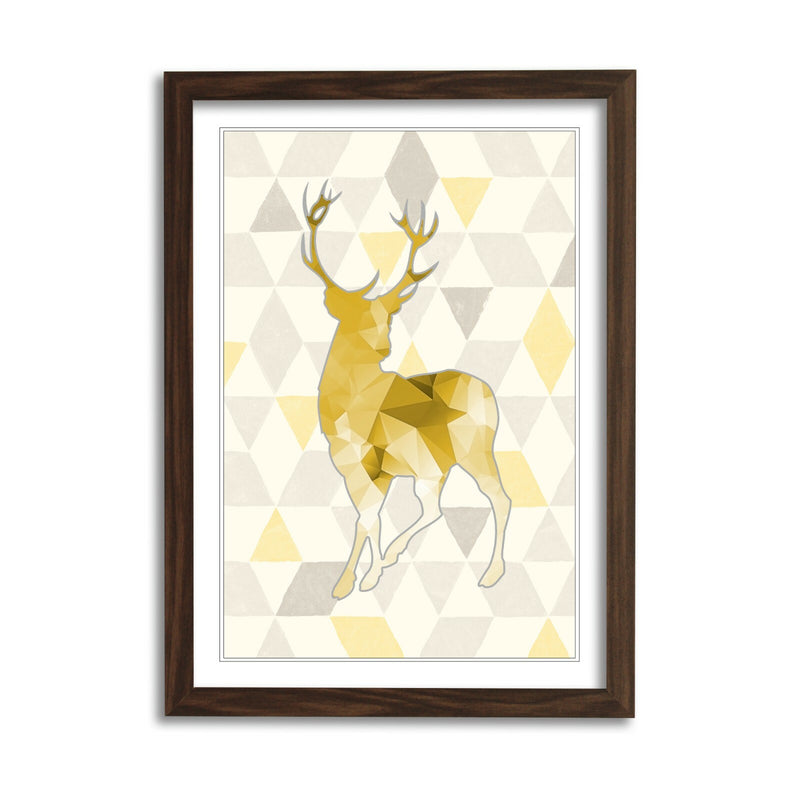 Framed Wall Art Print - Mustard Yellow Geometric Stag Artwork With Natural Wood Frame
