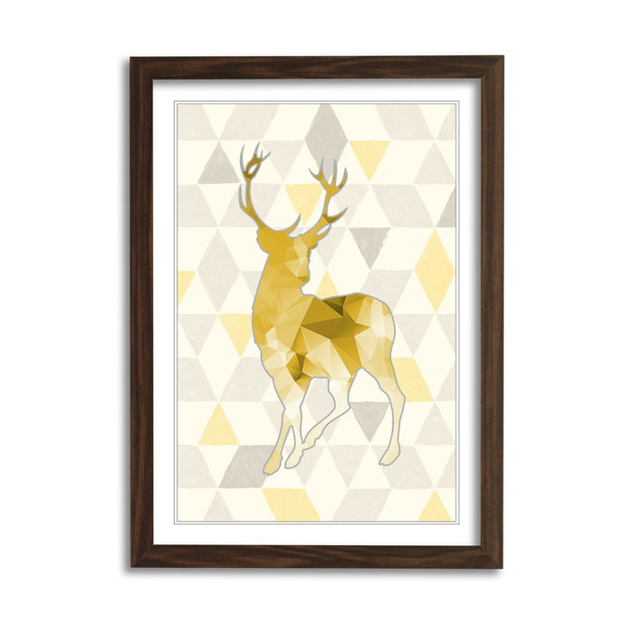 Framed Wall Art Print - Mustard Yellow Geometric Stag Artwork With Natural Wood Frame