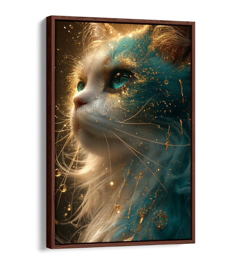 Glowing Cat Canvas Art – Blue Gold Artwork | Float Effect Canvas Print