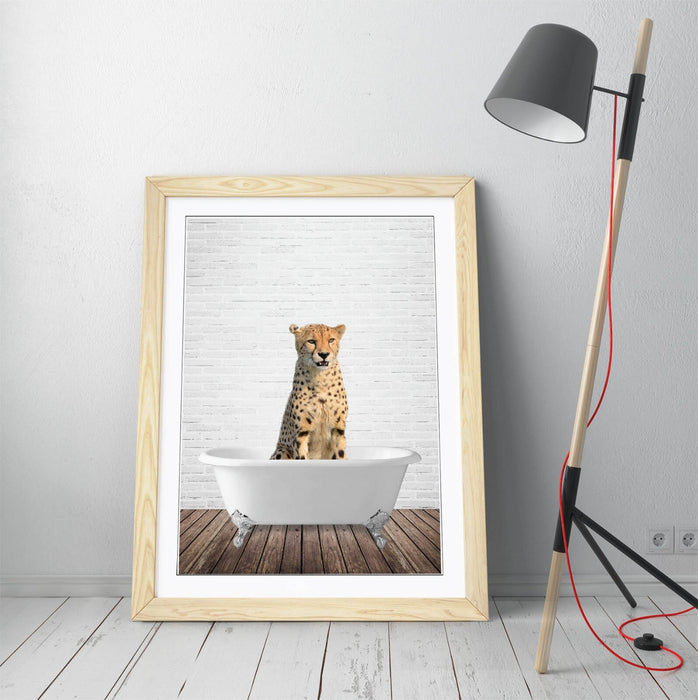 CHEETAH IN BATHTUB -QUIRKY ART FRAMED POSTER PICTURE PRINT BATHROOM ARTWORK