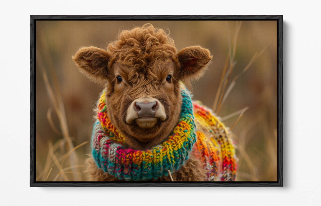 CUTE HIGHLAND COW WEARING RAINBOW JUMPER FLOAT EFFECT CANVAS ART PRINT