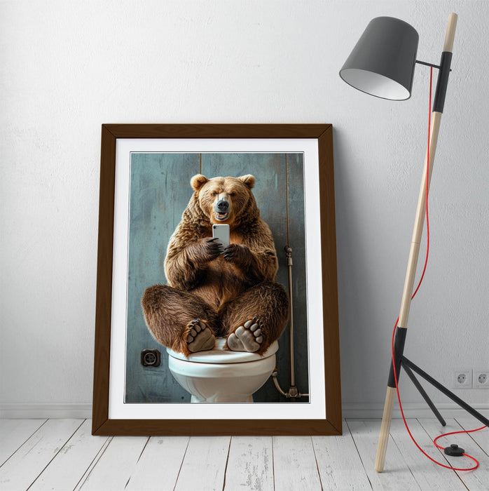 Funny Bear Wall Art - Framed Bathroom Decor With Wood Grain Frame & Matte Paper Print