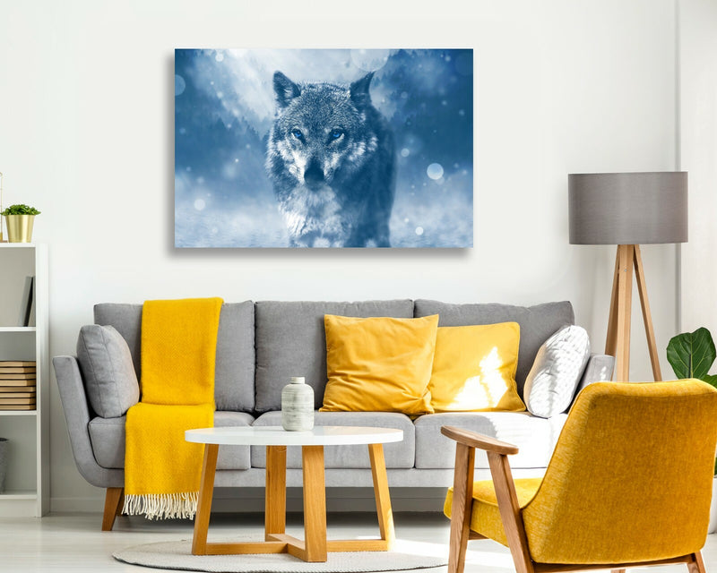 Canvas Wall Art - Lone Wolf Blue Loyalty Framed Canvas Print With Woodgrain Frame