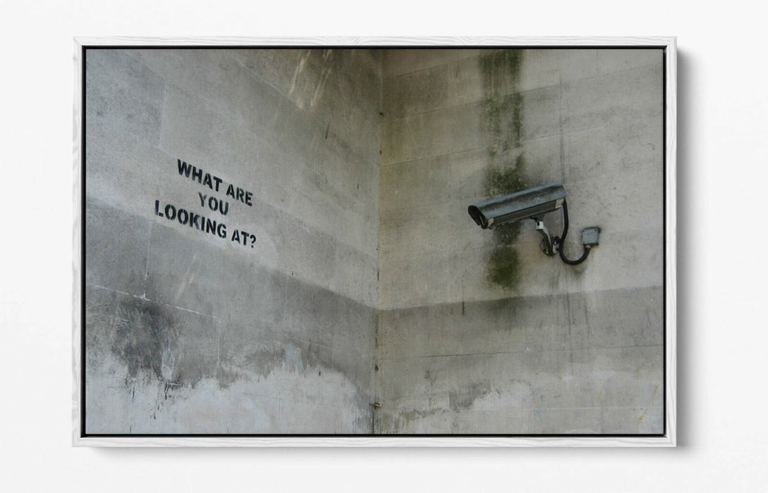BANKSY WHAT ARE YOU LOOKING AT -FLOAT EFFECT CANVAS WALL ART PIC PRINT- BEIGE