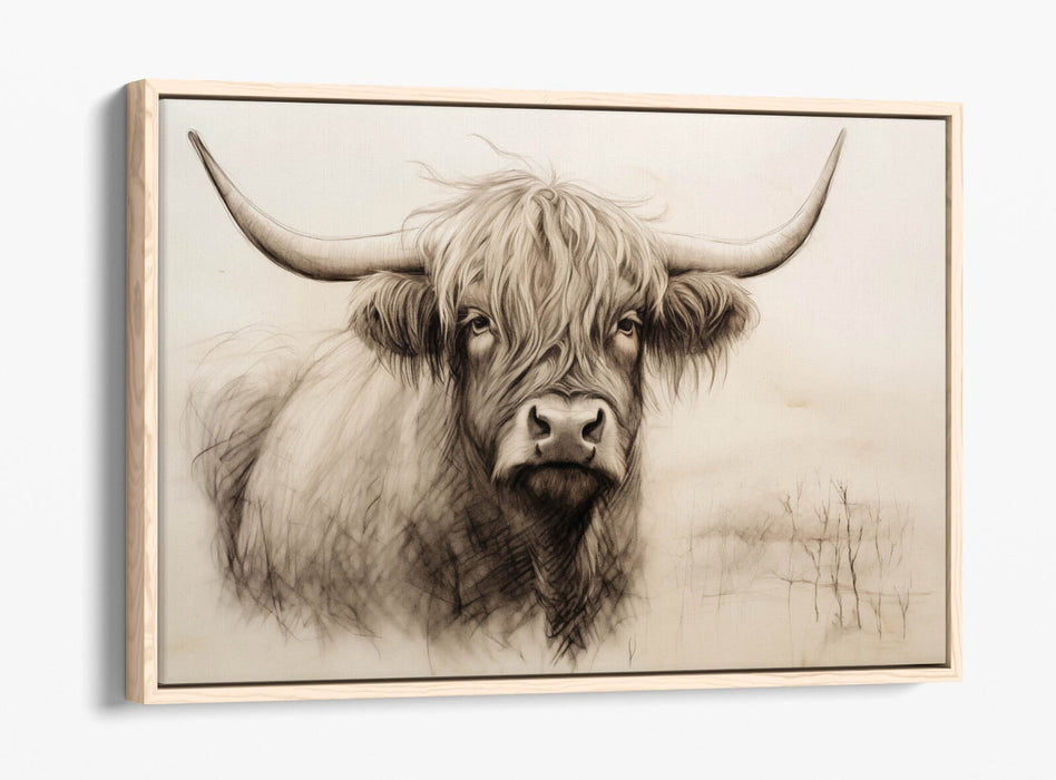Highland Cow Canvas - Charcoal Sketch Print | Float Effect Wall Art With Premium Varnish