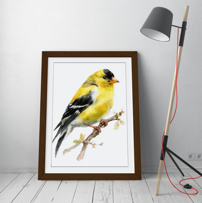 Goldfinch Wall Art - Framed Watercolor Bird Print on Matte Paper with Faux Wood Frame