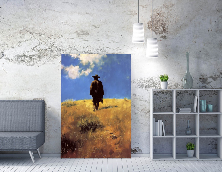 Canvas Wall Art - Wandering Cowboy Blue Sky Landscape | Handmade Ready to Hang Print