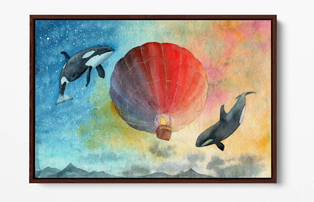 Canvas Wall Art Print - Watercolour Air Balloon & Whales Float Effect Decor