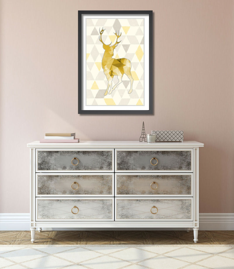 Framed Wall Art Print - Mustard Yellow Geometric Stag Artwork With Natural Wood Frame
