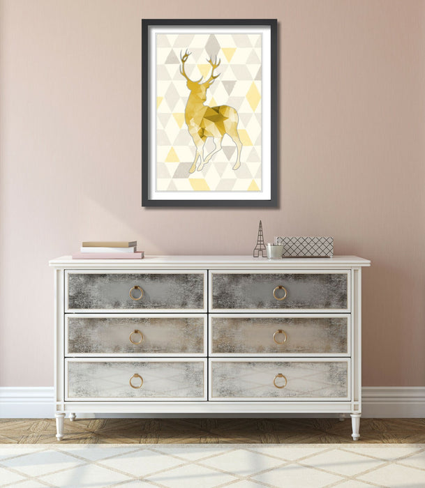 Framed Wall Art Print - Mustard Yellow Geometric Stag Artwork With Natural Wood Frame