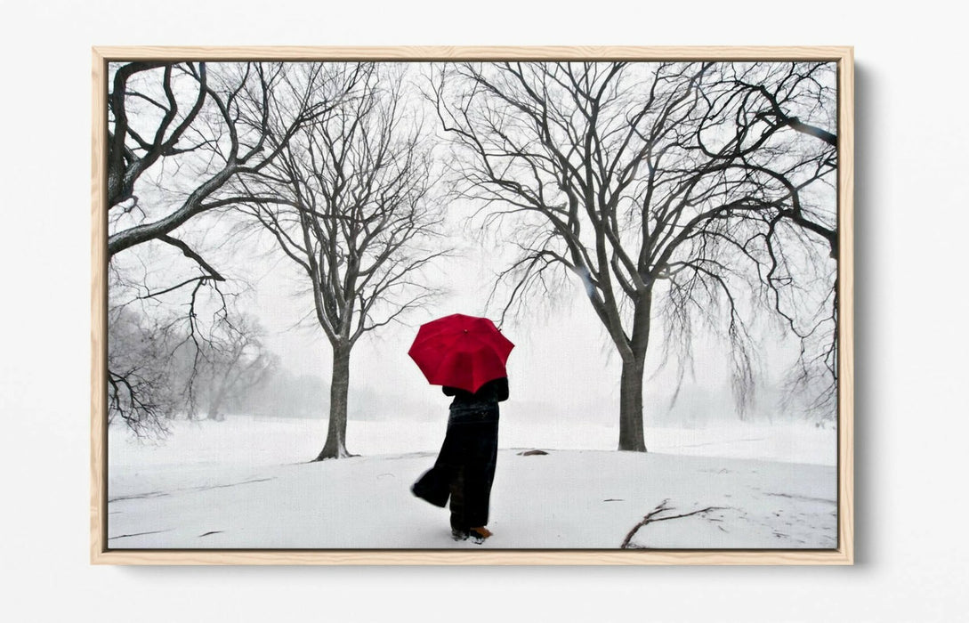 Canvas Wall Art - Red Umbrella Snow Scene | Float Effect Canvas Print
