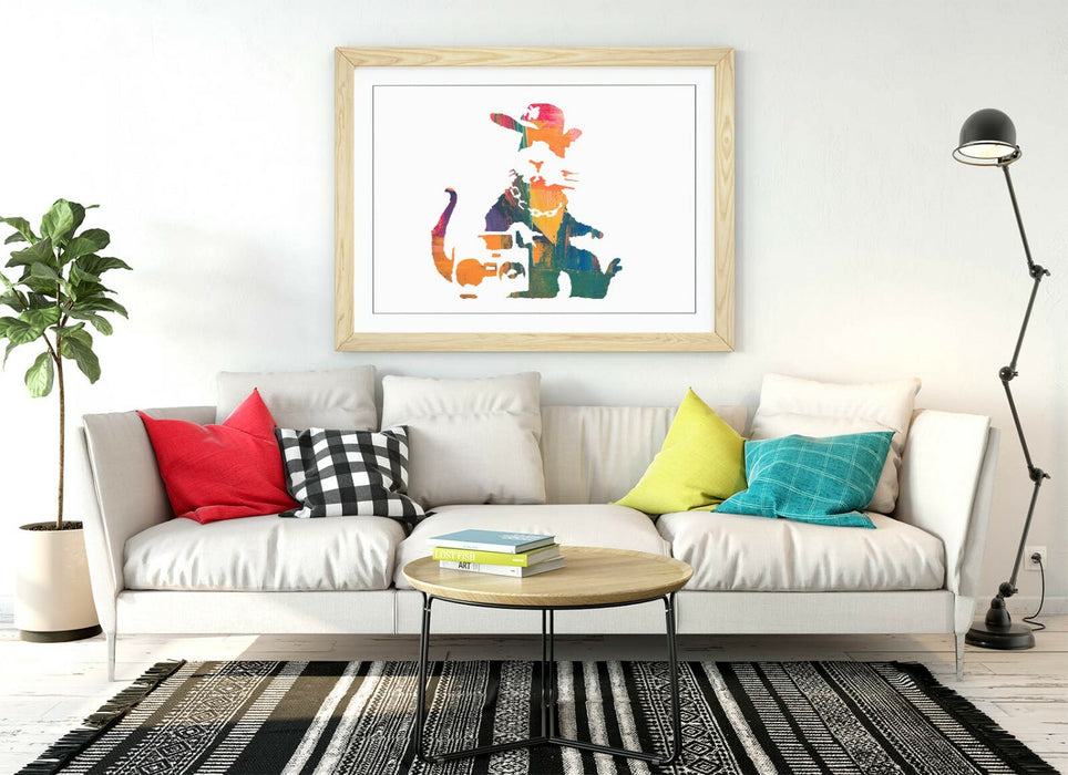 BANKSY, GANGSTA RAT RAINBOW PAINT EFFECT ART -FRAMED WALL ART PICTURE PRINT