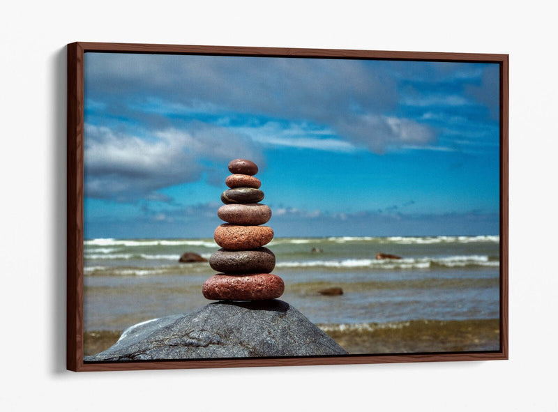 Canvas Wall Art – Stacked Zen Stones Float Effect on Seashore Beach Print